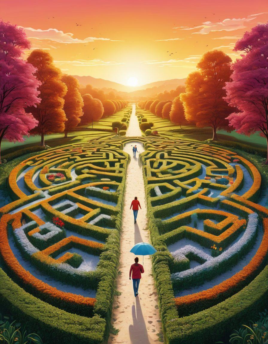 A heart-shaped labyrinth symbolizing navigating through insurance solutions, filled with vibrant colors representing different aspects of relationships such as love, trust, and security. Include abstract icons representing various insurance types like home, health, and auto, scattered throughout the maze. A couple walking hand in hand within the labyrinth, showcasing passion and partnership. A warm sunset in the background, providing a hopeful ambiance. vibrant colors. vector art. white background.