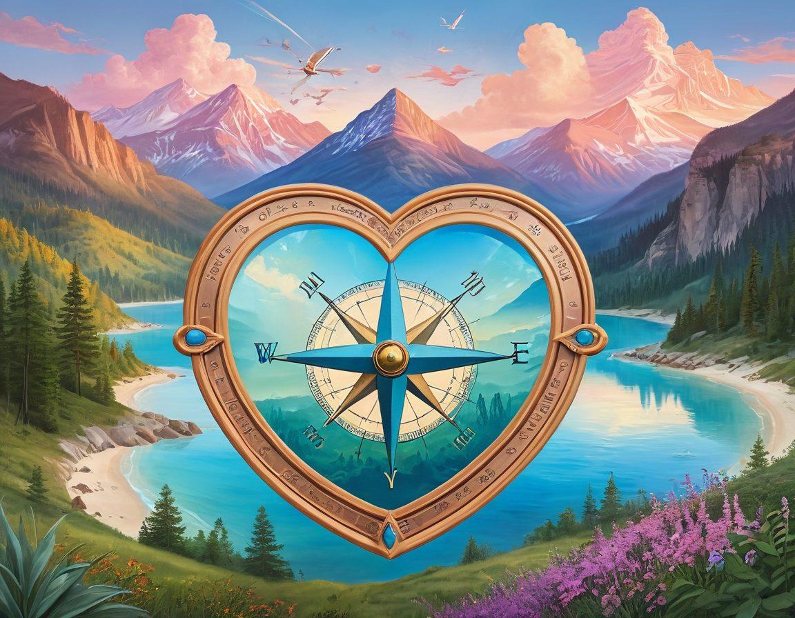 A heart-shaped compass set against a backdrop of scenic landscapes symbolizing a romantic journey, surrounded by various insurance symbols like shields and documents. Soft pastel colors create a warm and inviting atmosphere, with subtle glimmers representing security and empowerment. Include couples in love exploring different destinations, showcasing the theme of protection and adventure in their relationship. whimsical illustration. vibrant colors. soft focus.