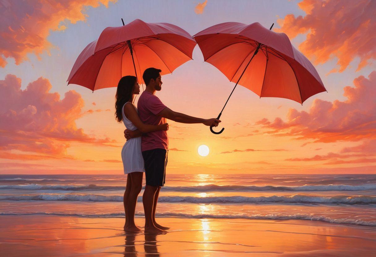A serene and romantic scene depicting a woman holding hands with her partner, surrounded by floating insurance quotes in the form of heart shapes. The background showcases a soft pastel sunset, symbolizing love and security, while subtle icons of protection like umbrellas and shields are integrated into the design. This enchanting tableau should evoke feelings of warmth and empowerment. vibrant colors. painting.